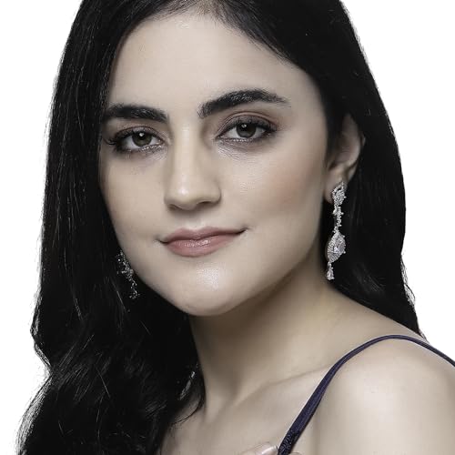 Rhodium-Plated American Diamond Teardrop Drop Earrings